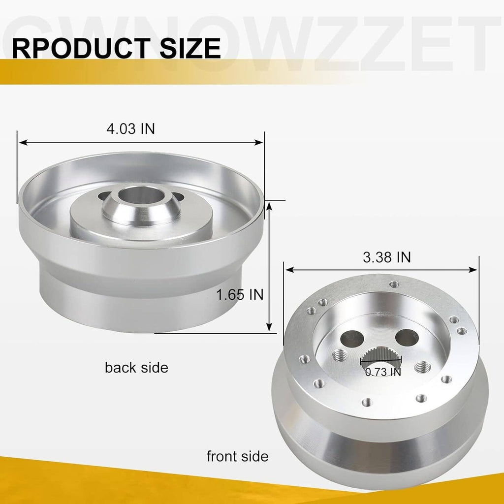 Steering wheel hub adapter showing front and back views in polished silver