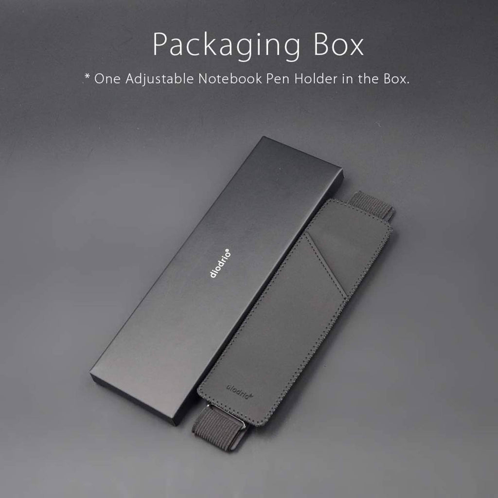 Black adjustable pen holder sleeve shown laid in its packaging box.