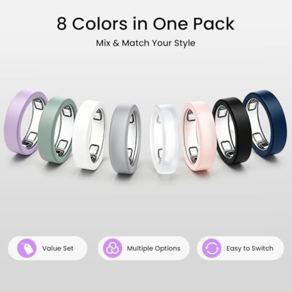Assorted silicone ring covers in eight colors, shown as a value set lineup