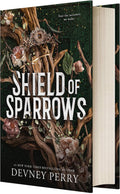 Romantasy novel cover: Shield of Sparrows with bird and flowers on dark green.