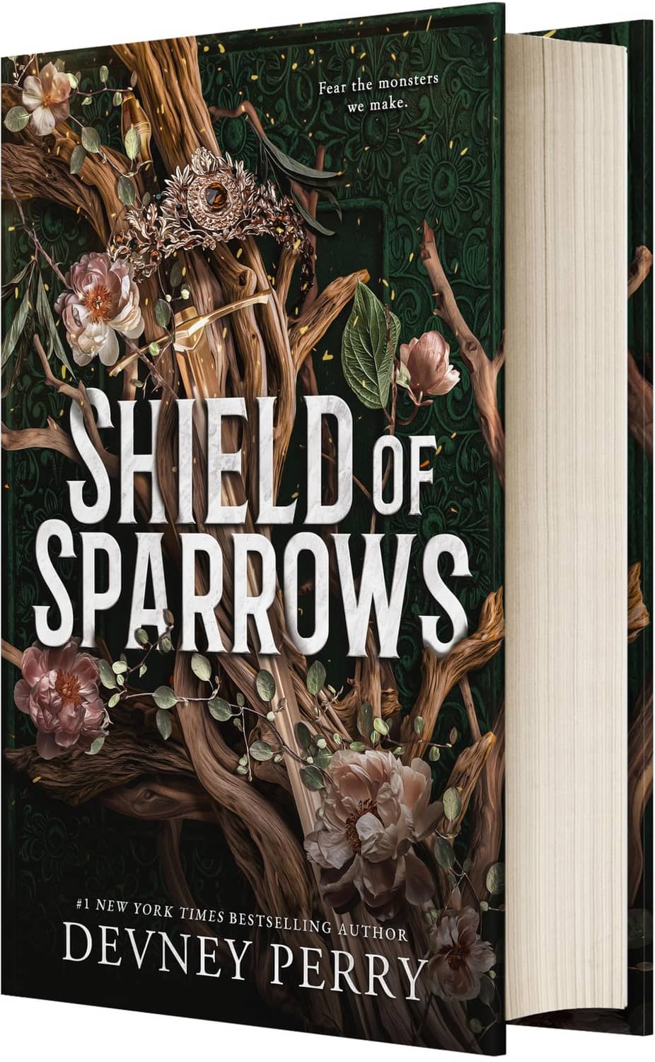 Romantasy novel cover: Shield of Sparrows with bird and flowers on dark green.