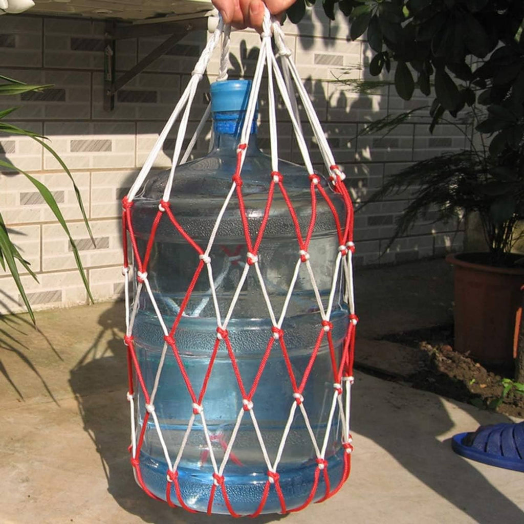 Hanging carboy carrier net with red and white rope grid and top suspension handles