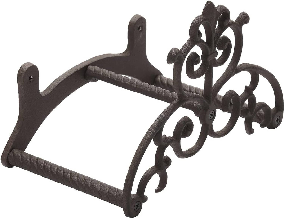 Wall-mounted decorative hose hanger with curved arms and ornate scroll centerpiece, dark finish.
