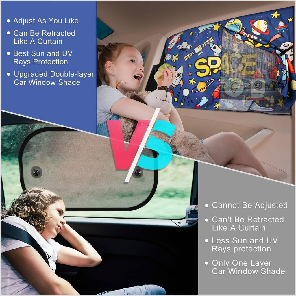 Blue space-pattern double-layer car side window shade with magnetic top corners