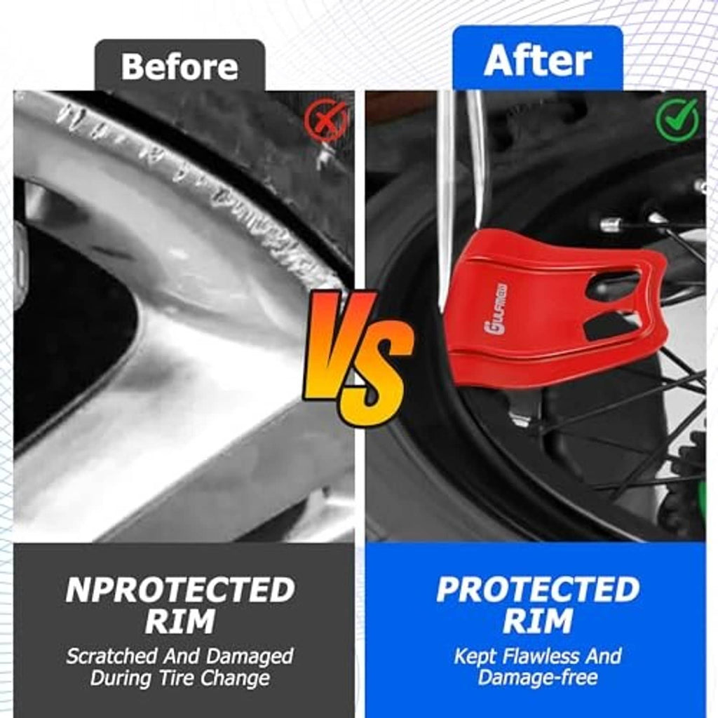 Red rim guards shown protecting wheel rim surface during tire change vs unprotected side.