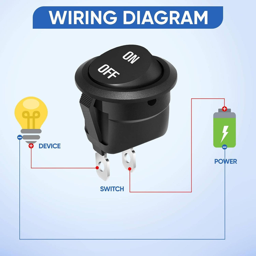 Black round rocker switch with ON/OFF markings and two wire connections