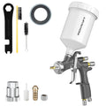 LVLP air spray gun basic kit with gray handle, white cup, and included nozzle tools
