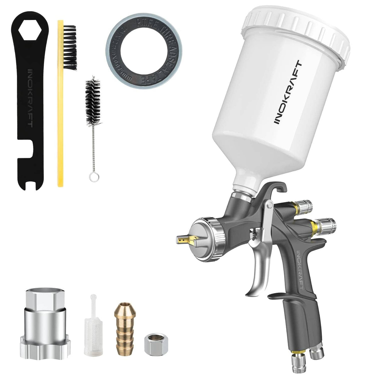 LVLP air spray gun basic kit with gray handle, white cup, and included nozzle tools