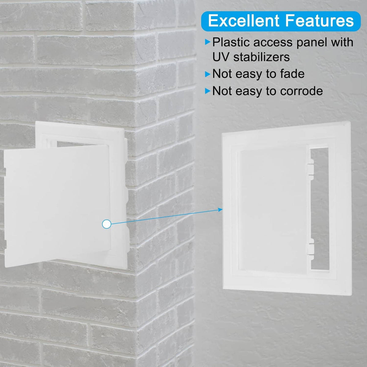 White hinged access panel on wall with door open and mounting frame visible