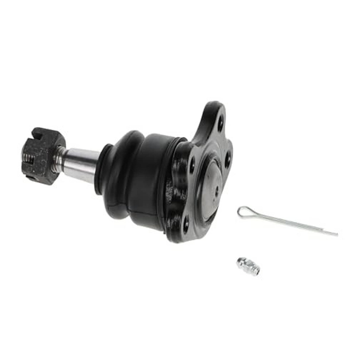 Front upper suspension ball joint assembly with black boot, metal base plate, and pin