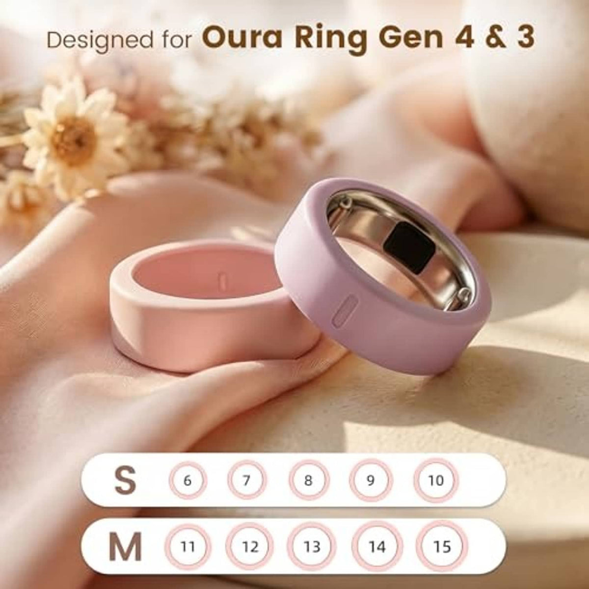 Light purple silicone Oura ring cover with size guide markings for M