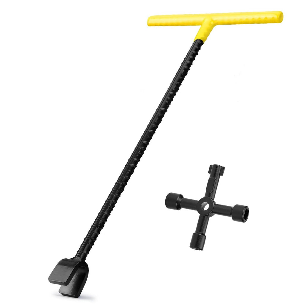 Yellow T-handle water meter shut-off key with four-way utility cross head