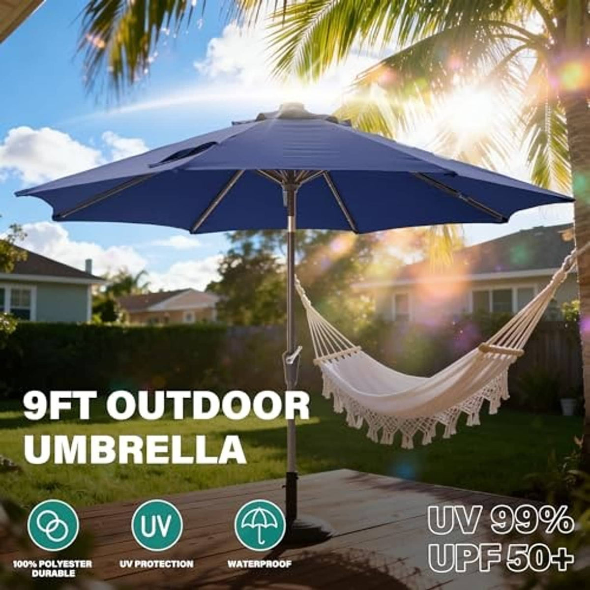 Navy solar LED patio umbrella with hammock underneath and light accents