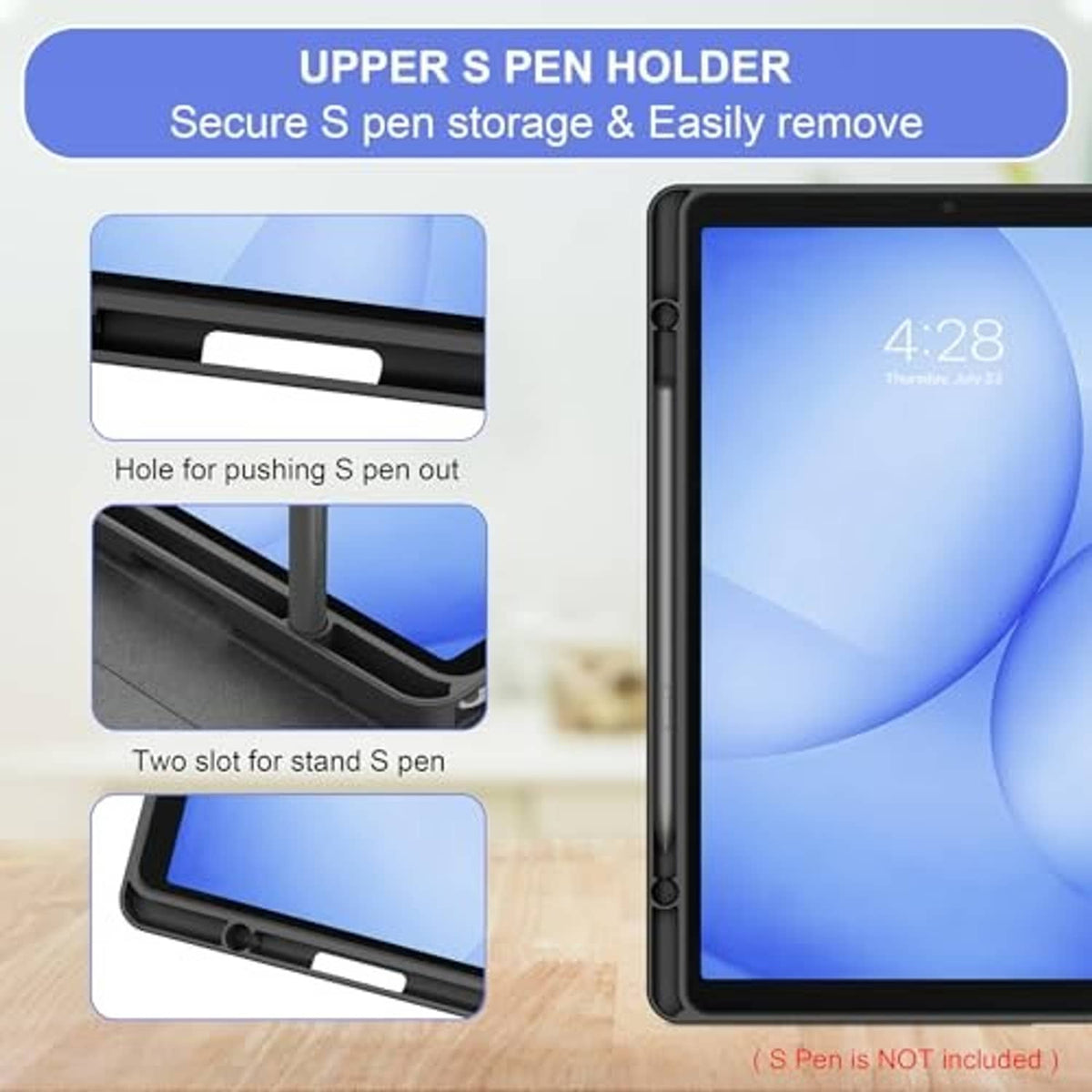Black folio keyboard case with built-in S Pen holder and storage slots