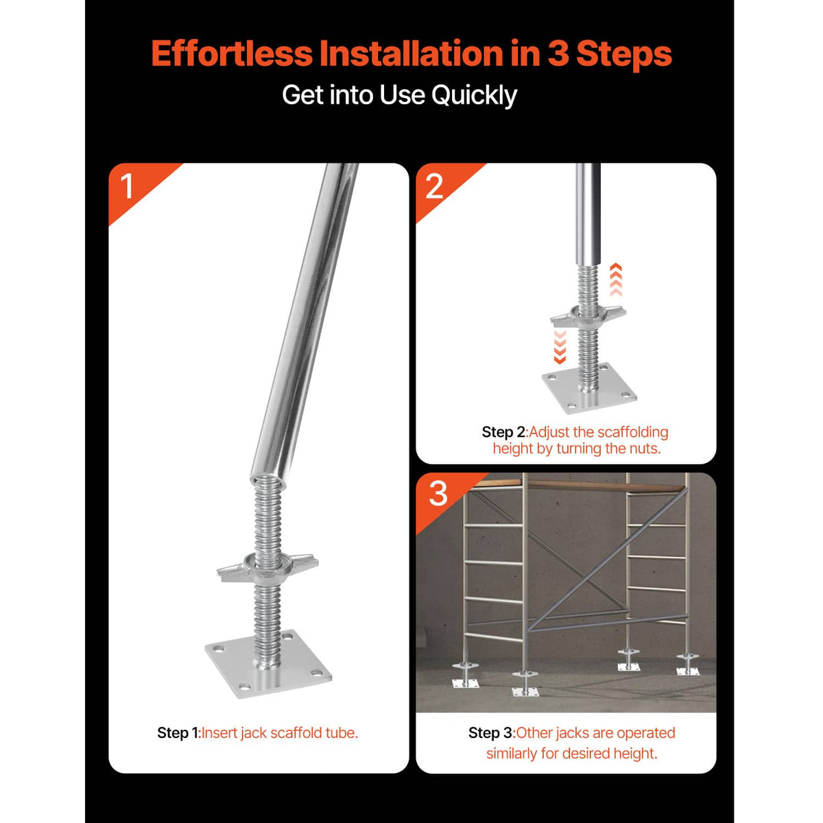 Adjustable jack with threaded rod and square base plate for scaffold height leveling