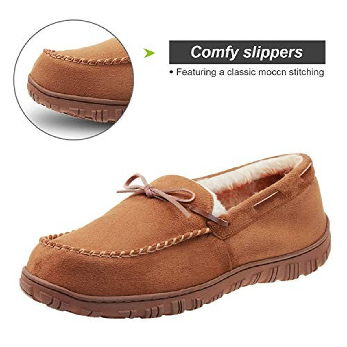 Brown moccasin slippers with moccasin stitching and plush interior lining