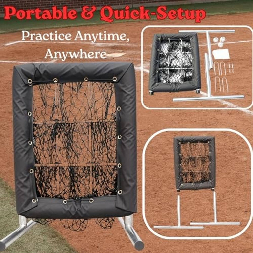 Black portable pitching net with quick-setup metal base and net frame