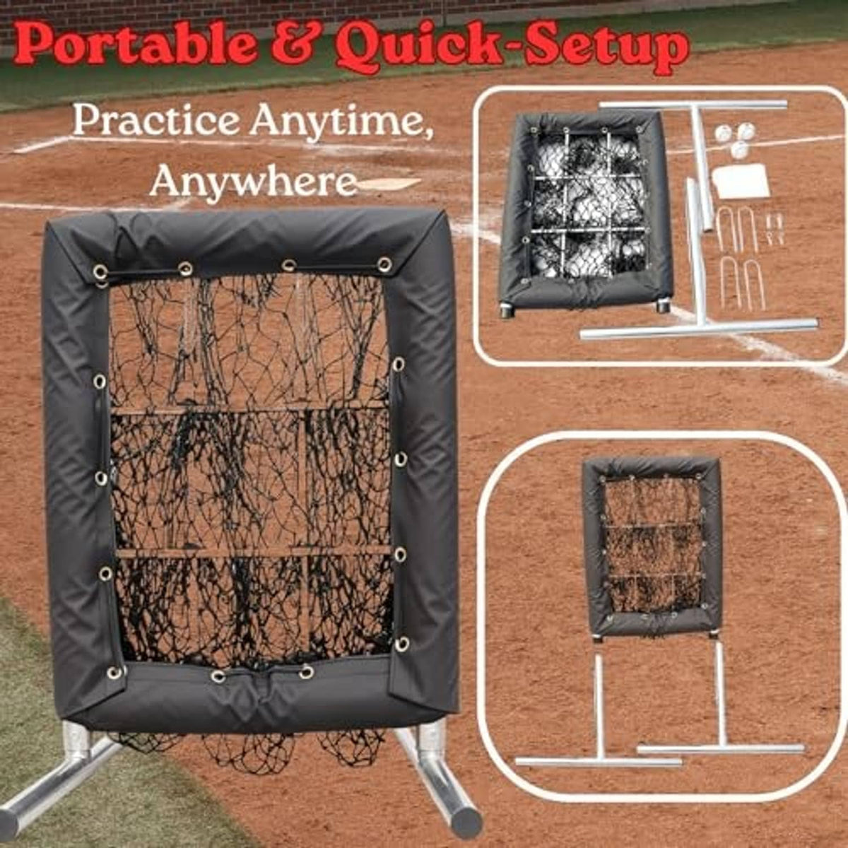 Black portable pitching net with quick-setup metal base and net frame