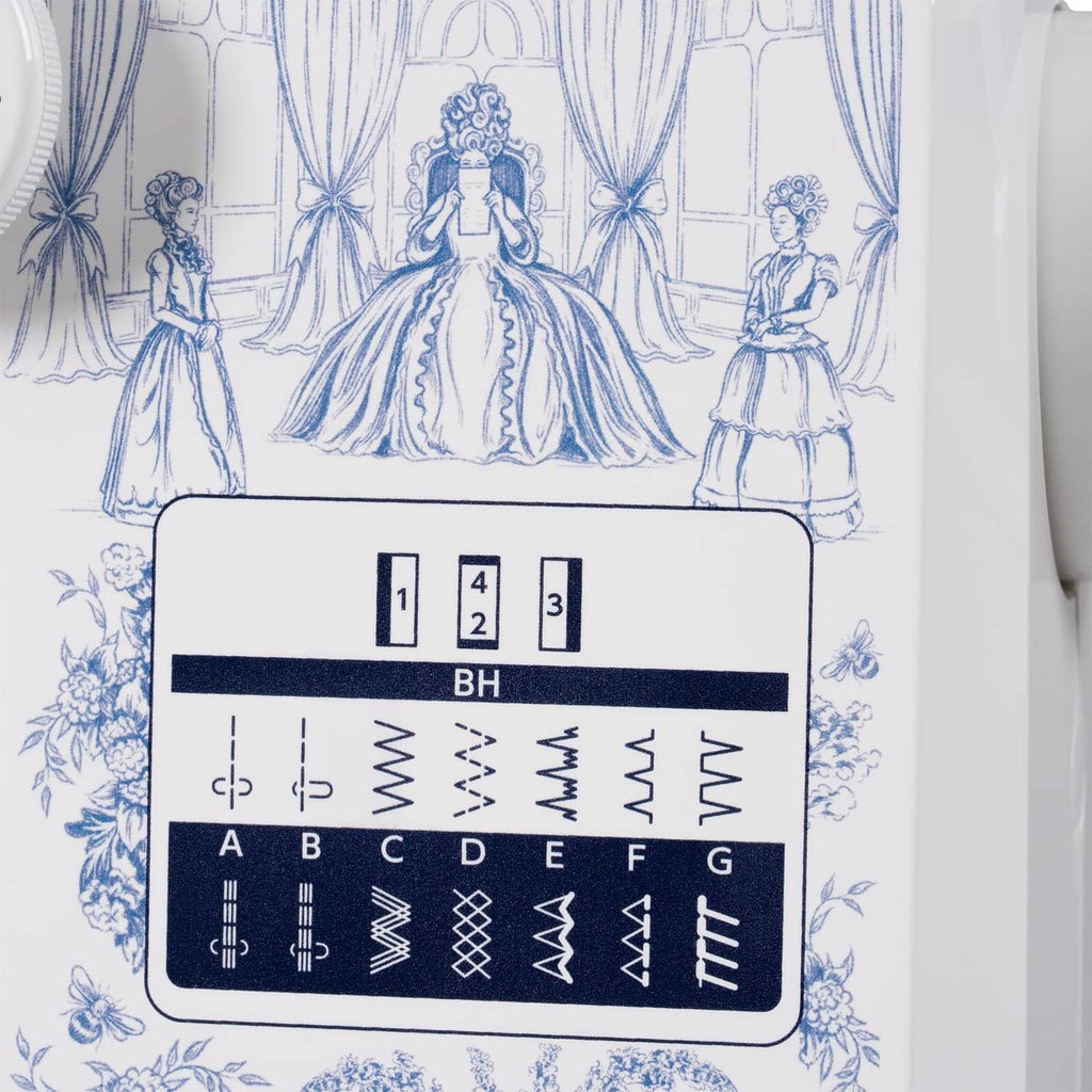 Sewing machine stitch selection panel with blue toile print and numbered buttons