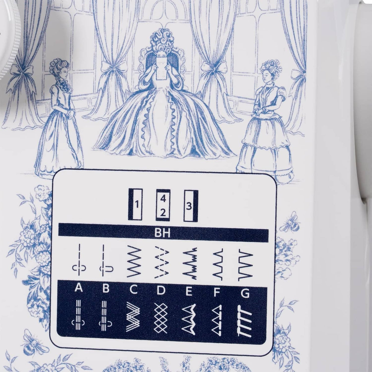 Sewing machine stitch selection panel with blue toile print and numbered buttons