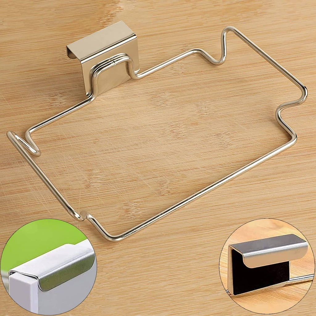 Stainless steel trash bag holder on wooden surface with grip clips