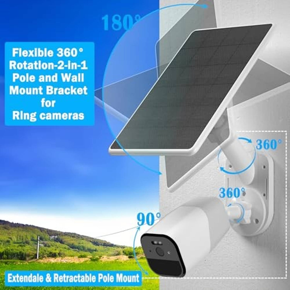 White wall-mounted camera bracket with flexible 360° rotatable solar panel