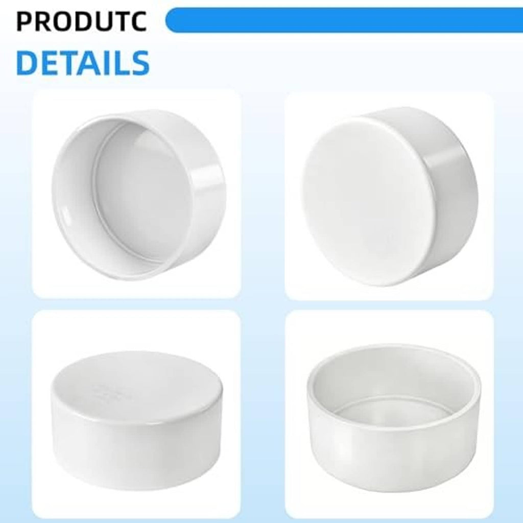 White PVC end cap fitting, front and side views, round cap with open interior (4-pack)