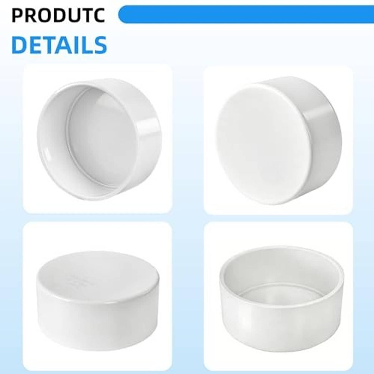 White PVC end cap fitting, front and side views, round cap with open interior (4-pack)
