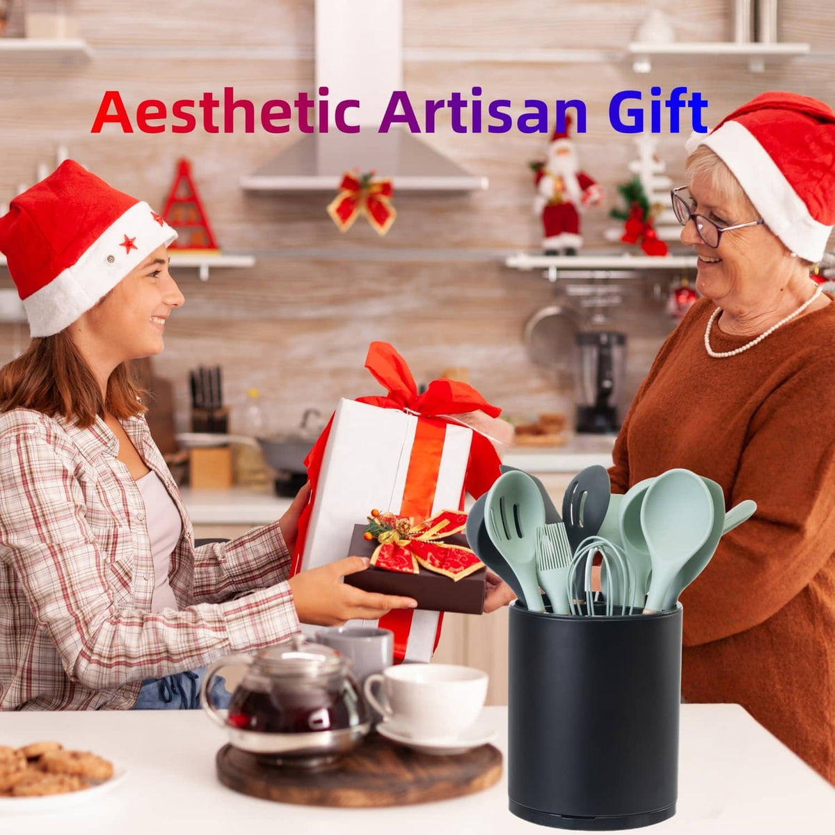 Black rotating utensil holder filled with mint silicone kitchen tools