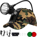 Camouflage hunting headlamp hat with black spotlight and adjustable arm, includes battery pack.