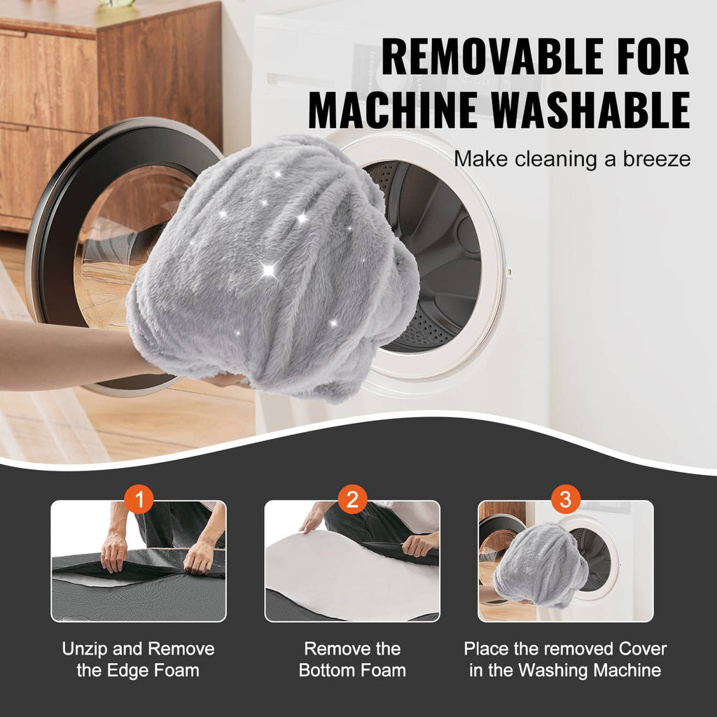 Removable grey plush dog bed cover placed into a washing machine.