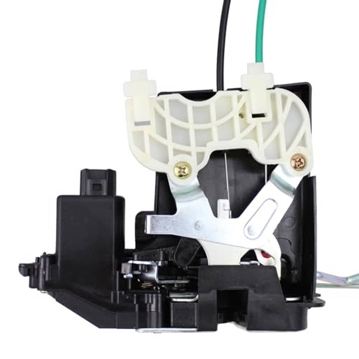 Door lock latch actuator internals with white plastic parts and black lock housing