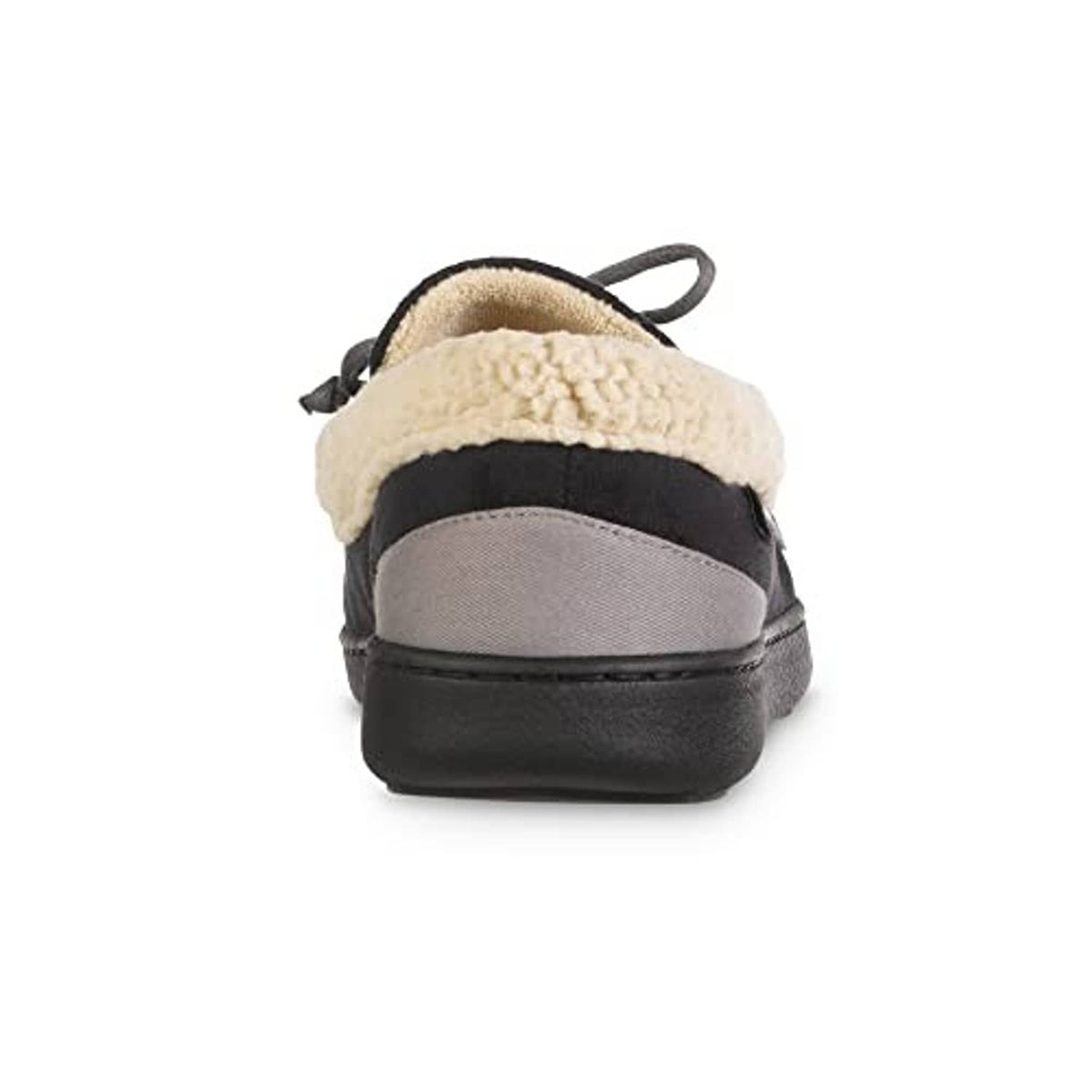 Back view of black moccasin slippers with tan sherpa lining and low stacked heel