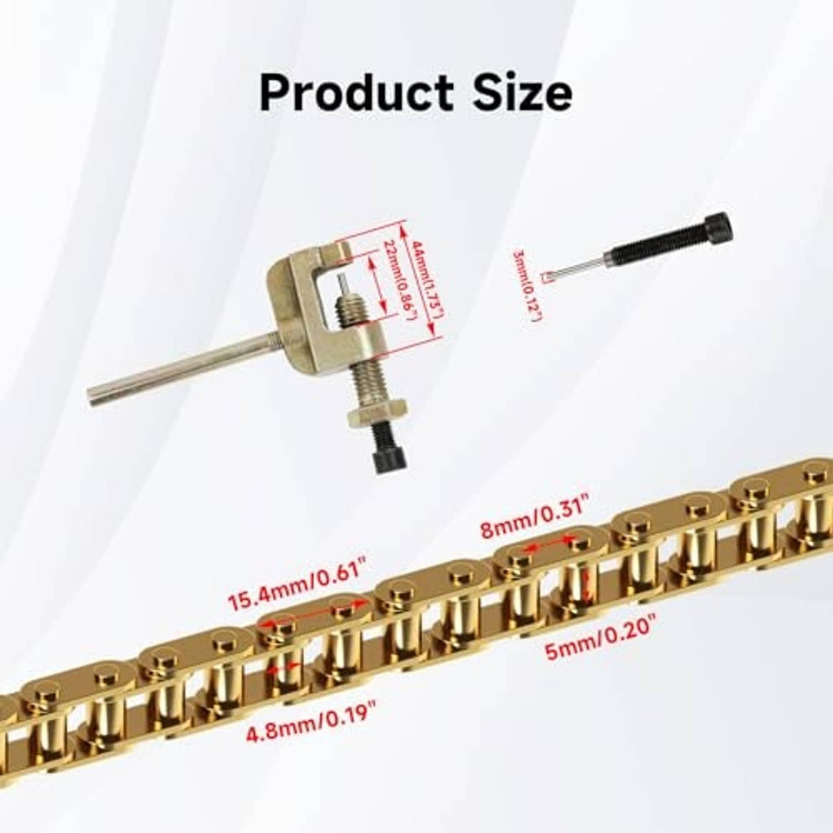 Gold drive chain section with chain breaker tool and product size measurement diagram