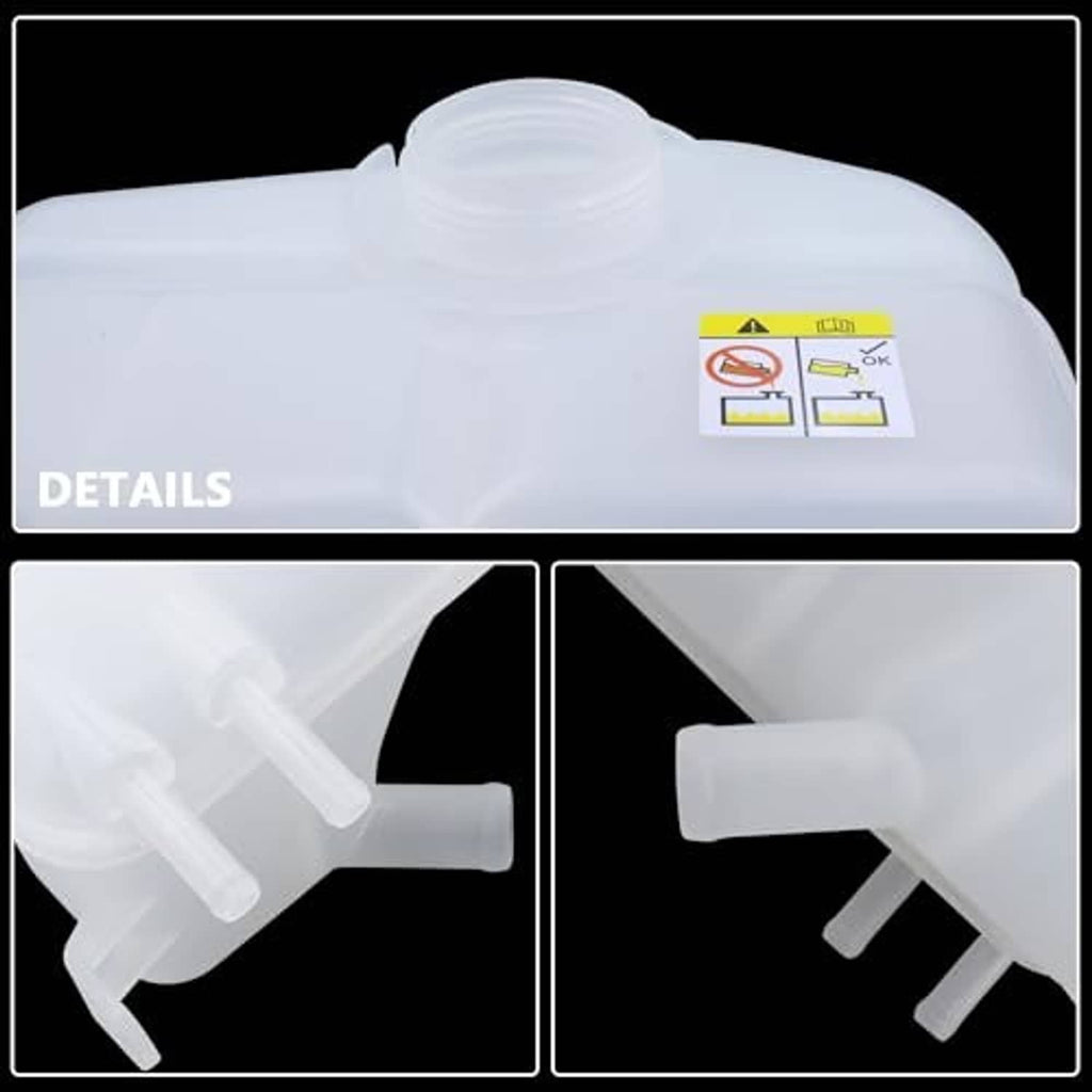 Translucent coolant reservoir with black pressure cap and two clear outlet nozzles.