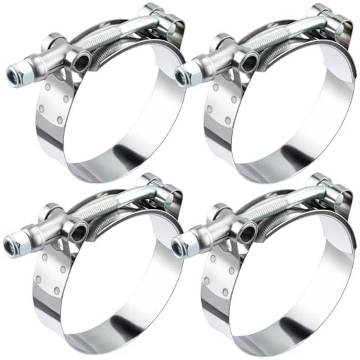 T-bolt hose clamps set in polished stainless steel, 3.75 in size, four-pack