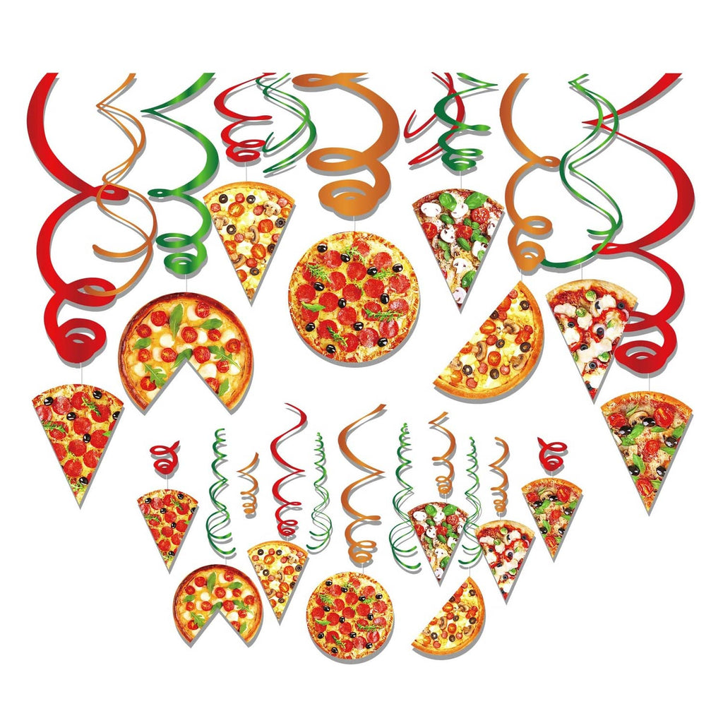 Pizza party ceiling swirl decorations: pizza slice and round cutouts, multicolor