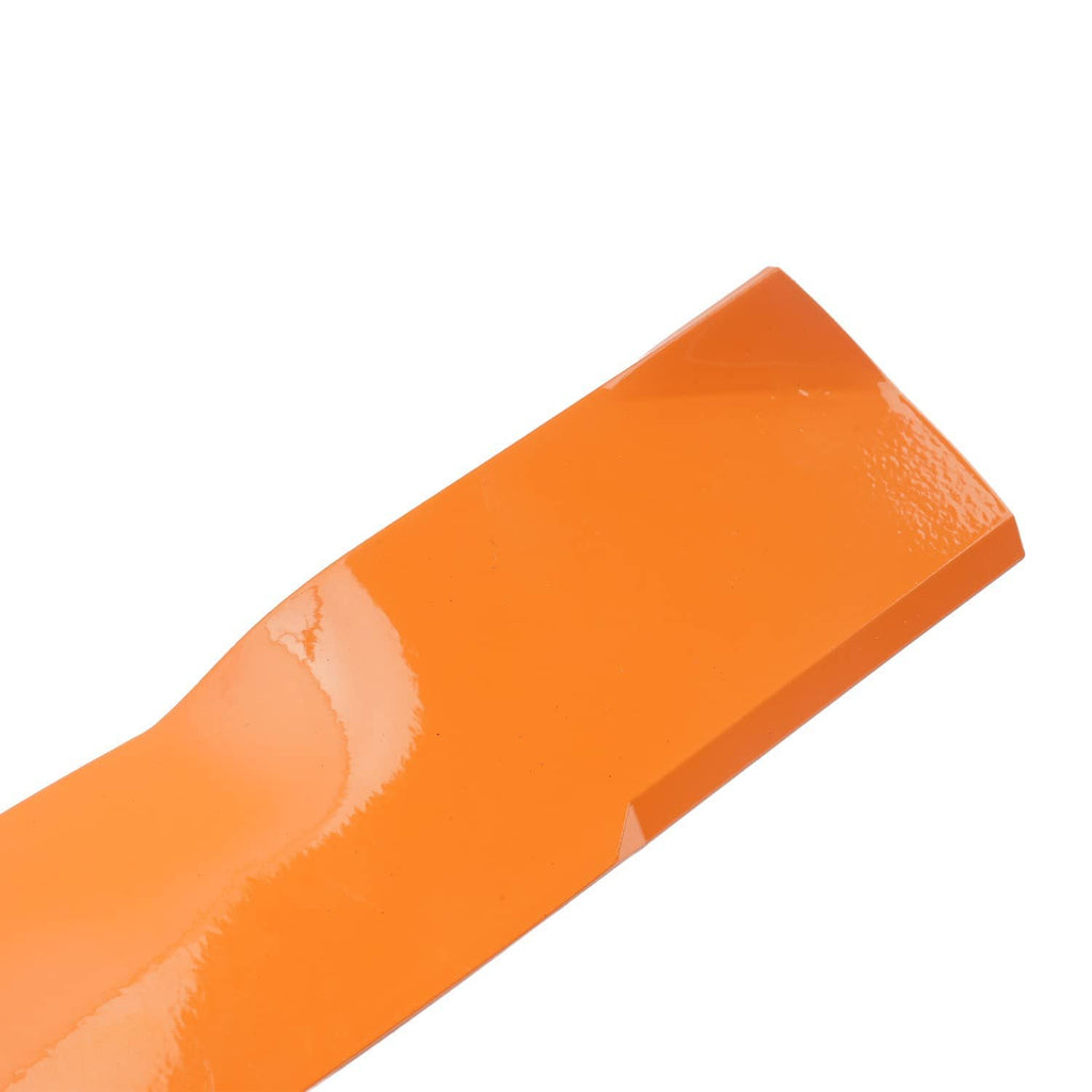Orange mower blade angled view showing curved edge and surface wear