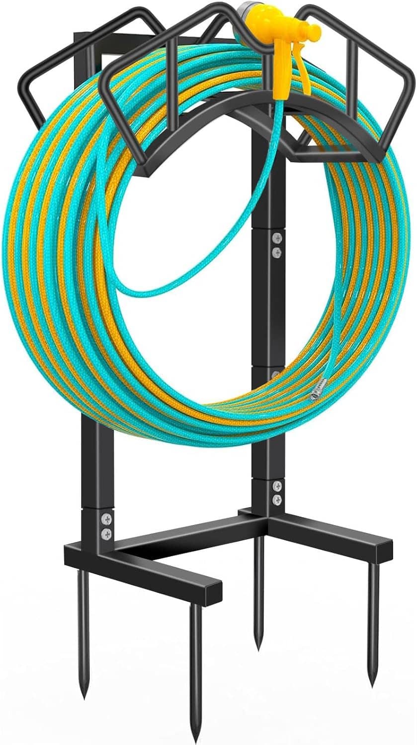 Garden hose holder with black stand, stakes, and coiled green-blue hose loops