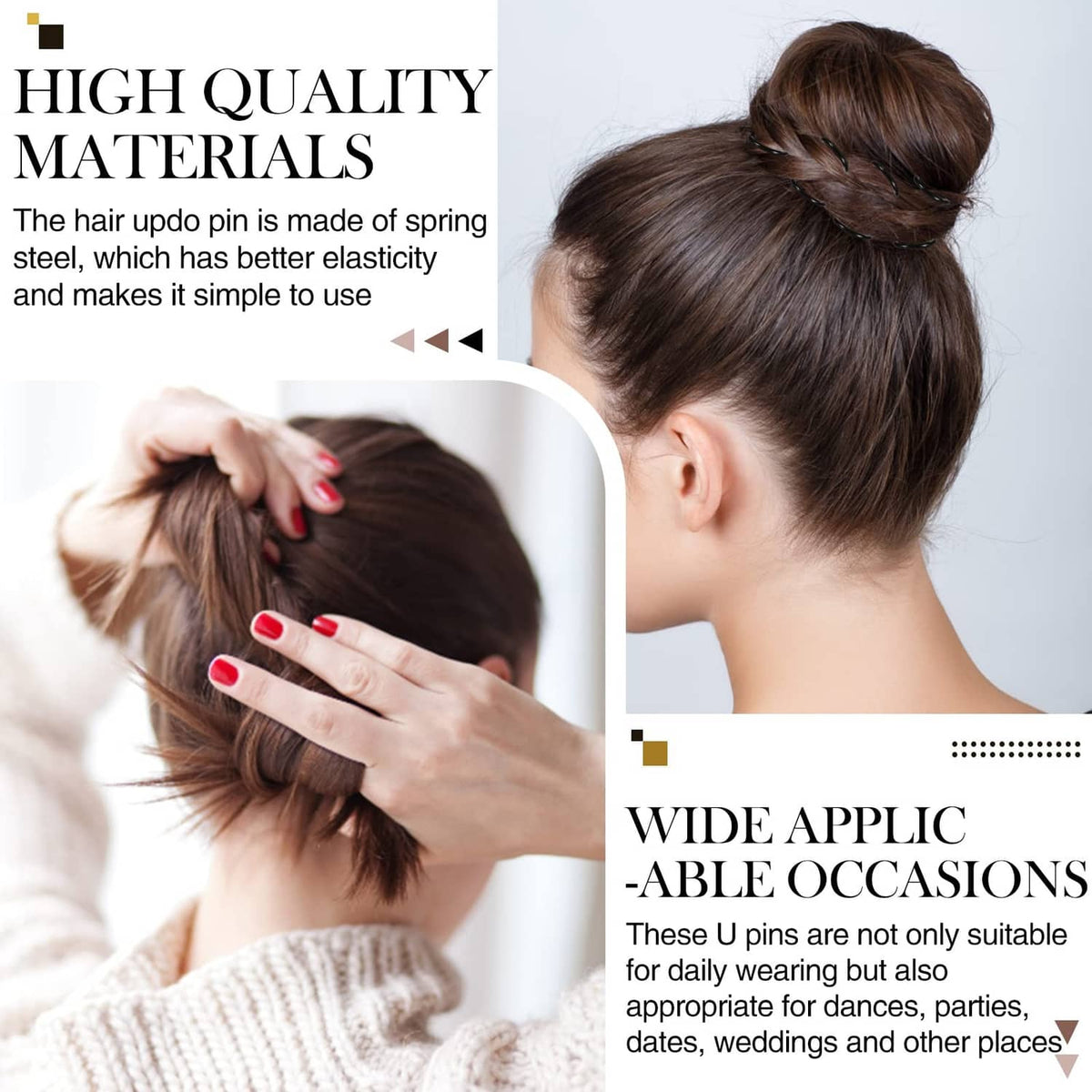 Black 3-inch U-shaped hair pins securing a dark hair updo bun