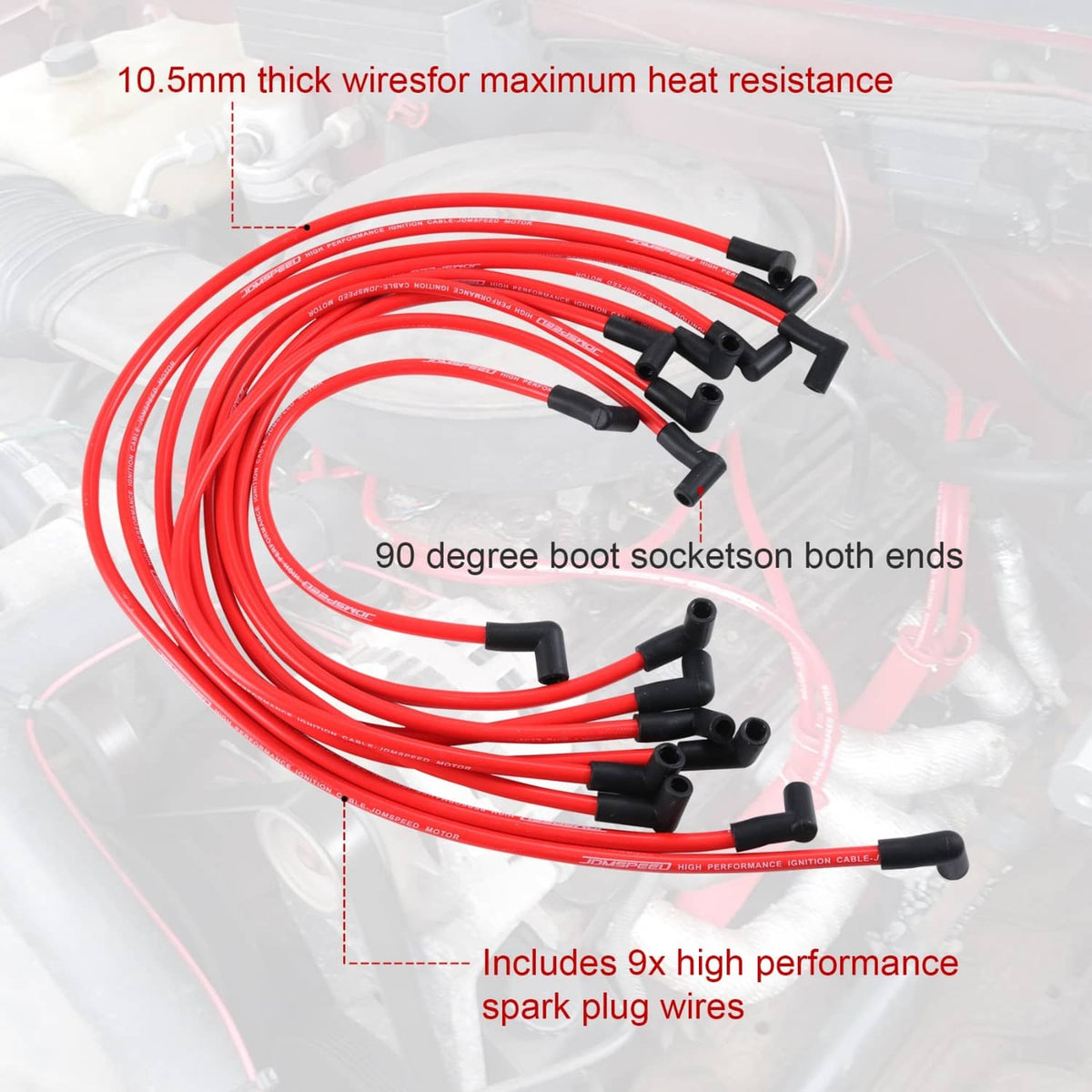 Red 10.5mm spark plug wire set with black boots and red protective sleeves