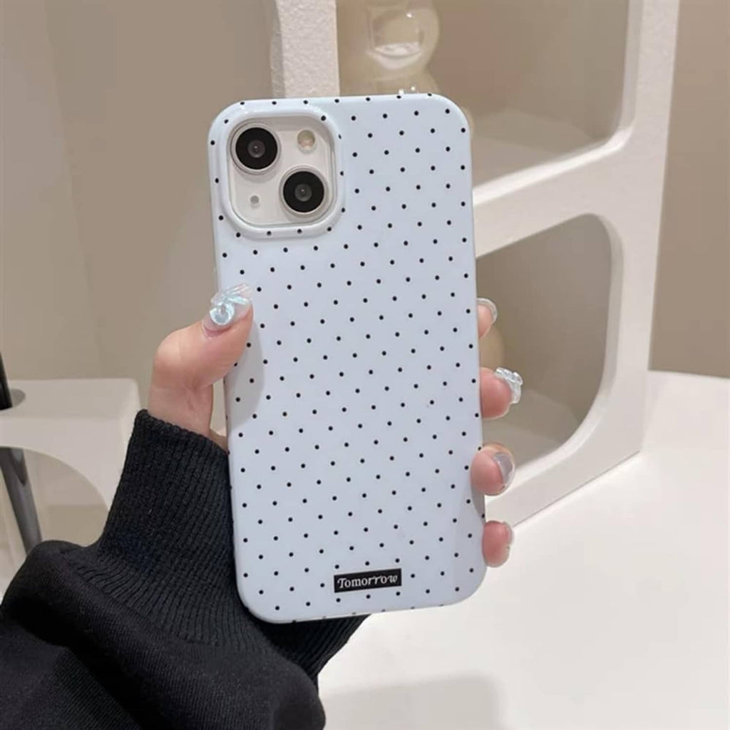 Light blue iPhone 13 Pro case with dot pattern, camera lenses, and bottom port