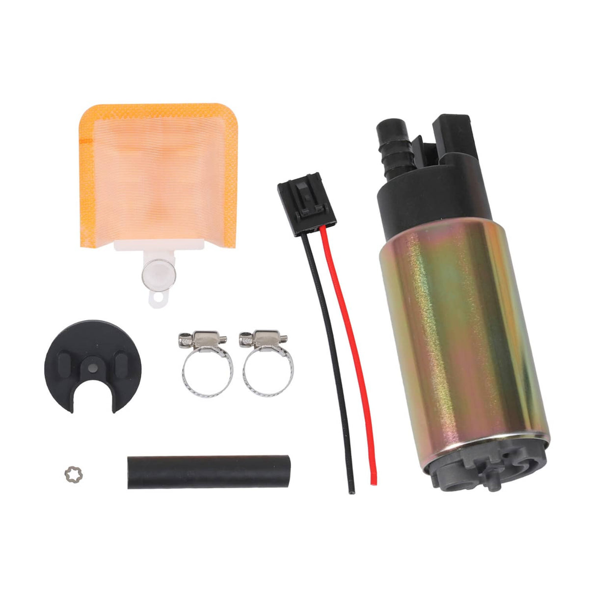Electric fuel pump kit with square strainer, hose, wiring leads, and clamps