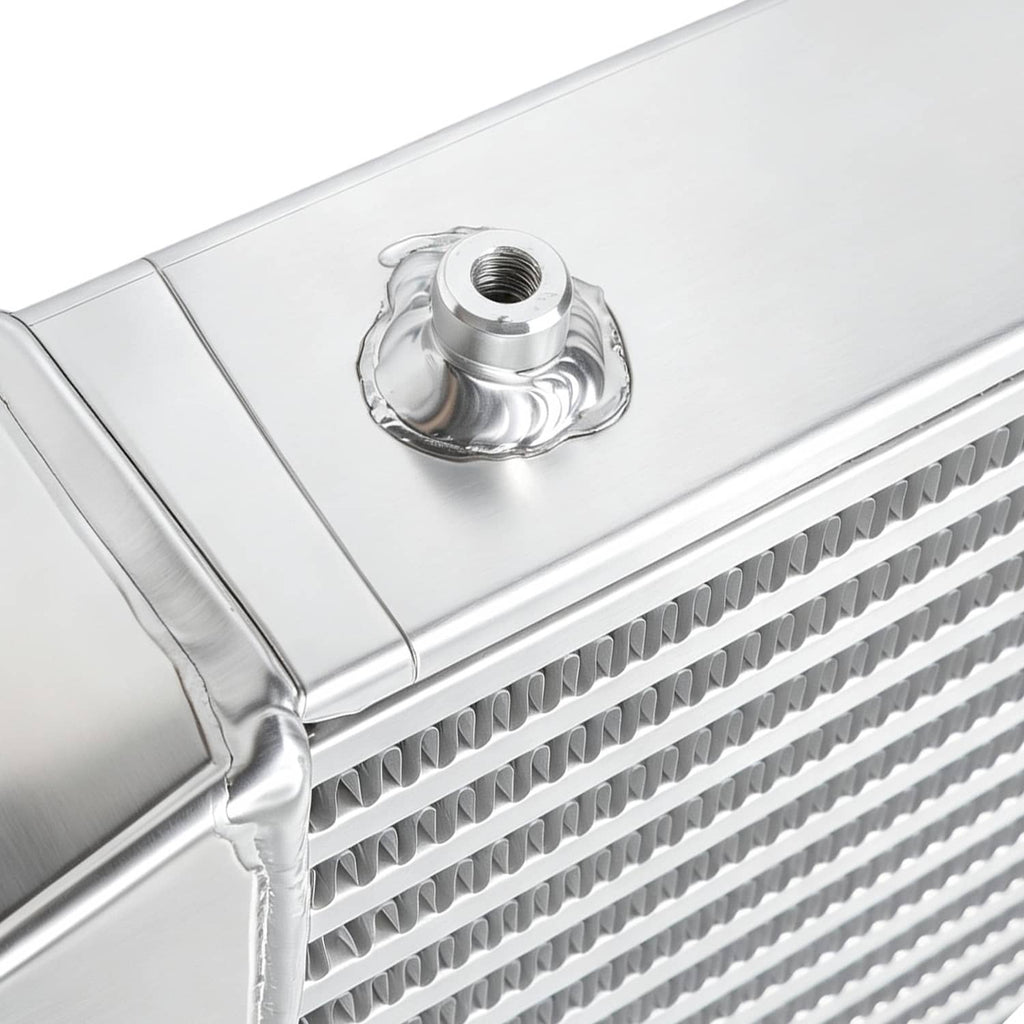 Aluminum intercooler top plate with threaded fitting and ribbed cooling fins