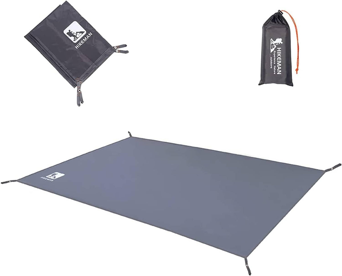 Grey waterproof tent footprint tarp with reinforced corners and tie straps