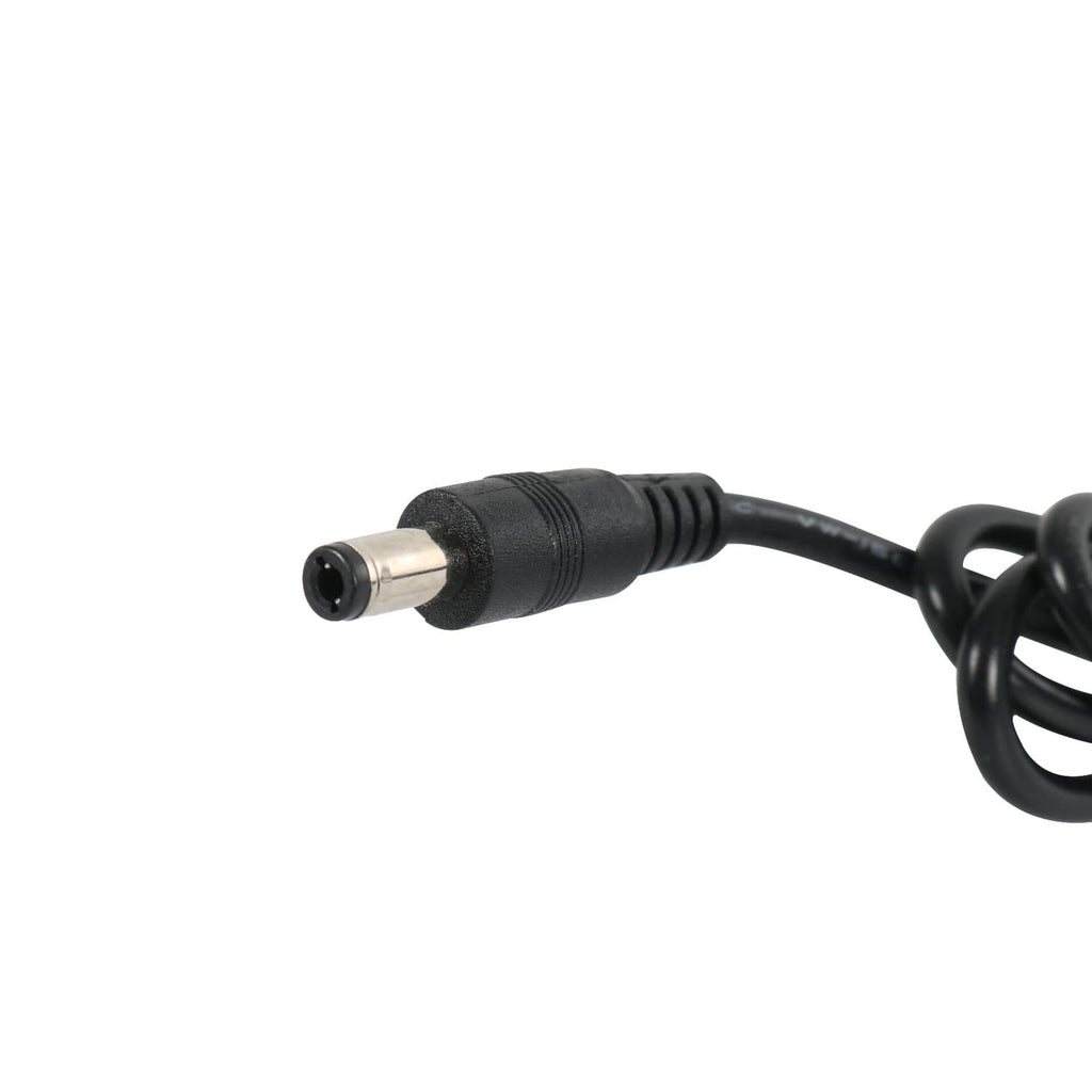 Black DC barrel connector with metal tip on power cable
