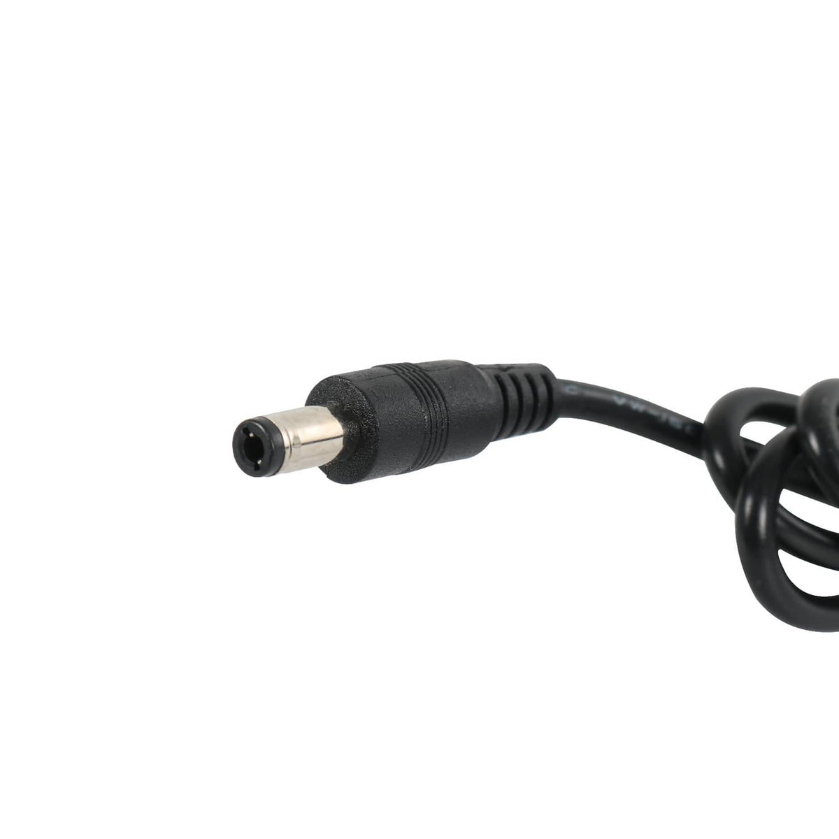 Black DC barrel connector with metal tip on power cable