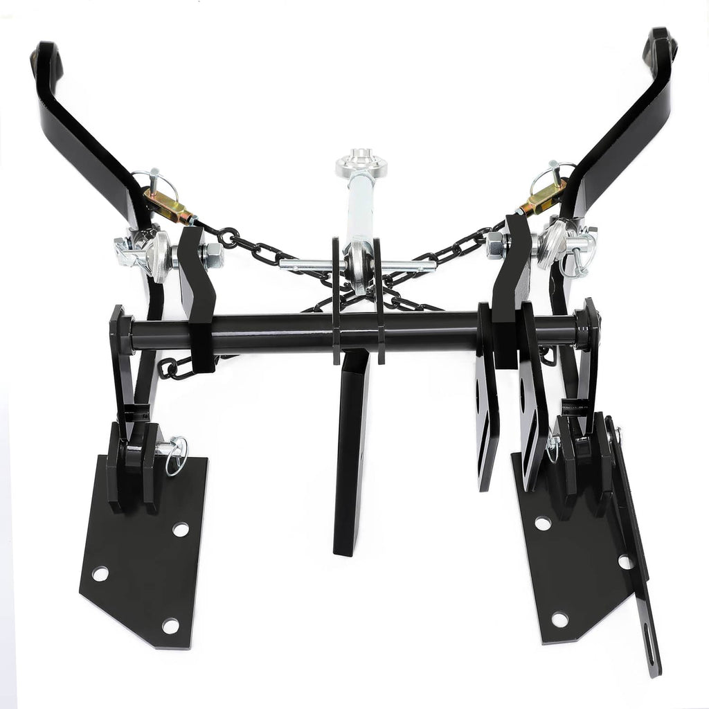 Rear 3-point hitch with black mounting brackets, lift arms, and chain-connected stabilizers