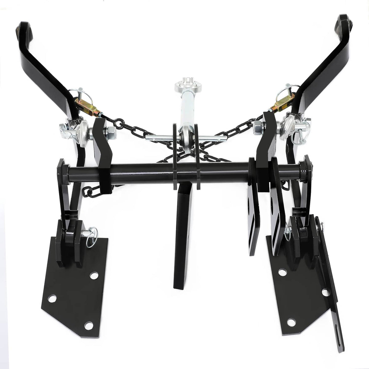 Rear 3-point hitch with black mounting brackets, lift arms, and chain-connected stabilizers