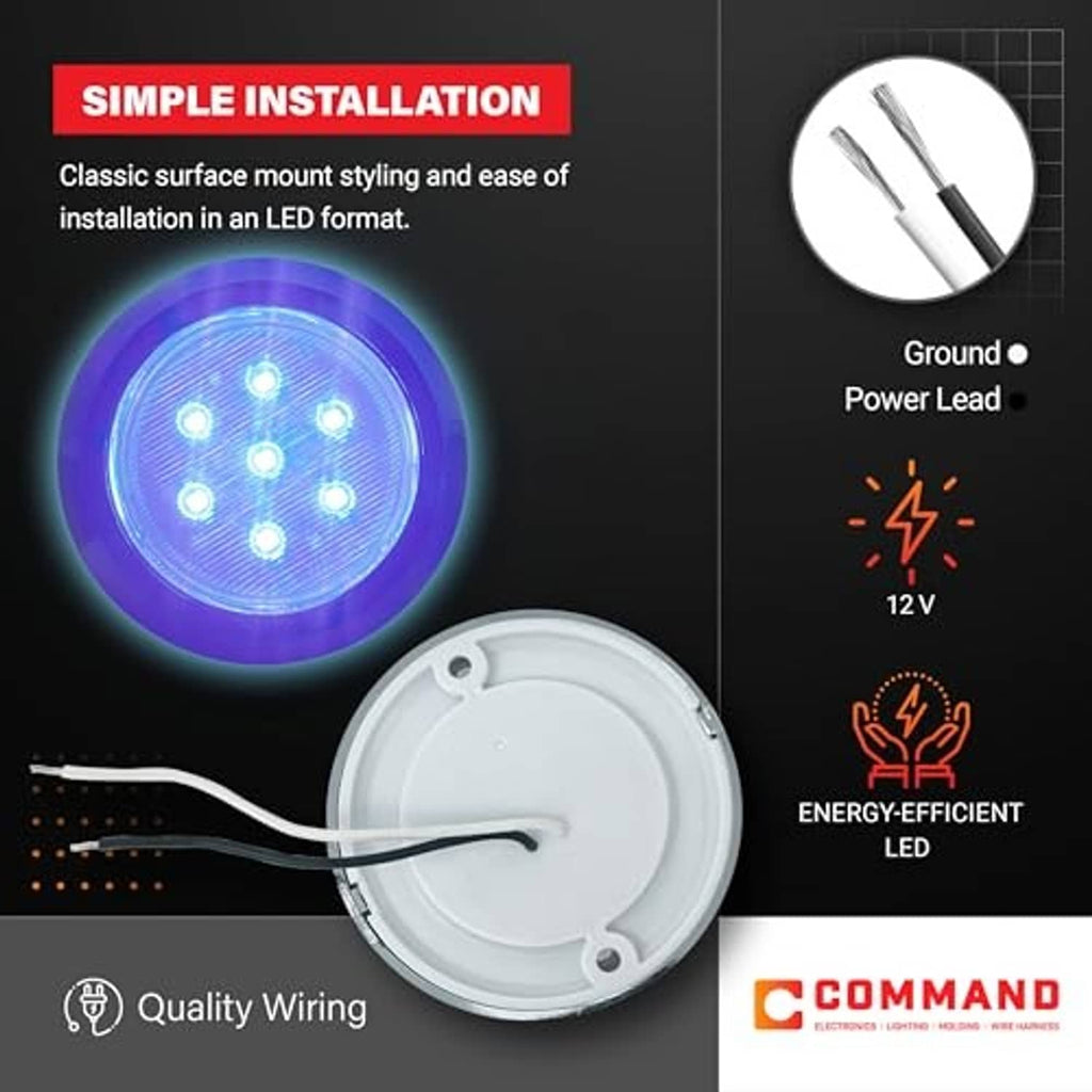 Blue-glowing LED dome surface-mount light with chrome trim ring and mounting base